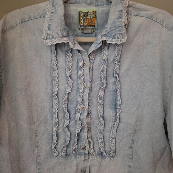 Jordache Vintage Woman's Faded Blue Button Up Short Sleeve Top Sz Large - Picture 2 of 9